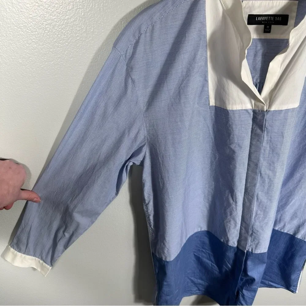 Lafayette 148 Blue White Pinstripe Chambray Colorblock Tunic Blouse Size Medium - Picture 3 of 15